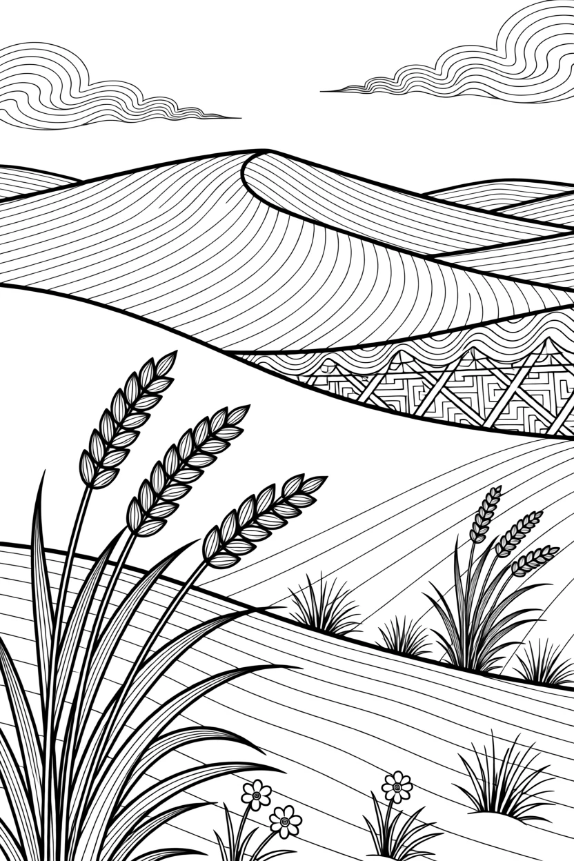 A dune landscape with sea oats bending over rippled sand.