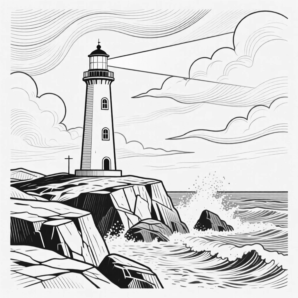 A lighthouse standing on a rocky coastline during a storm