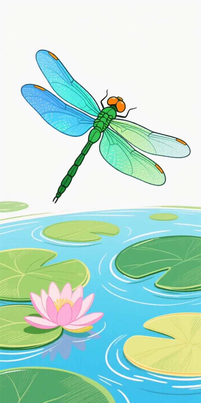 A dragonfly hovering above a lily pond.