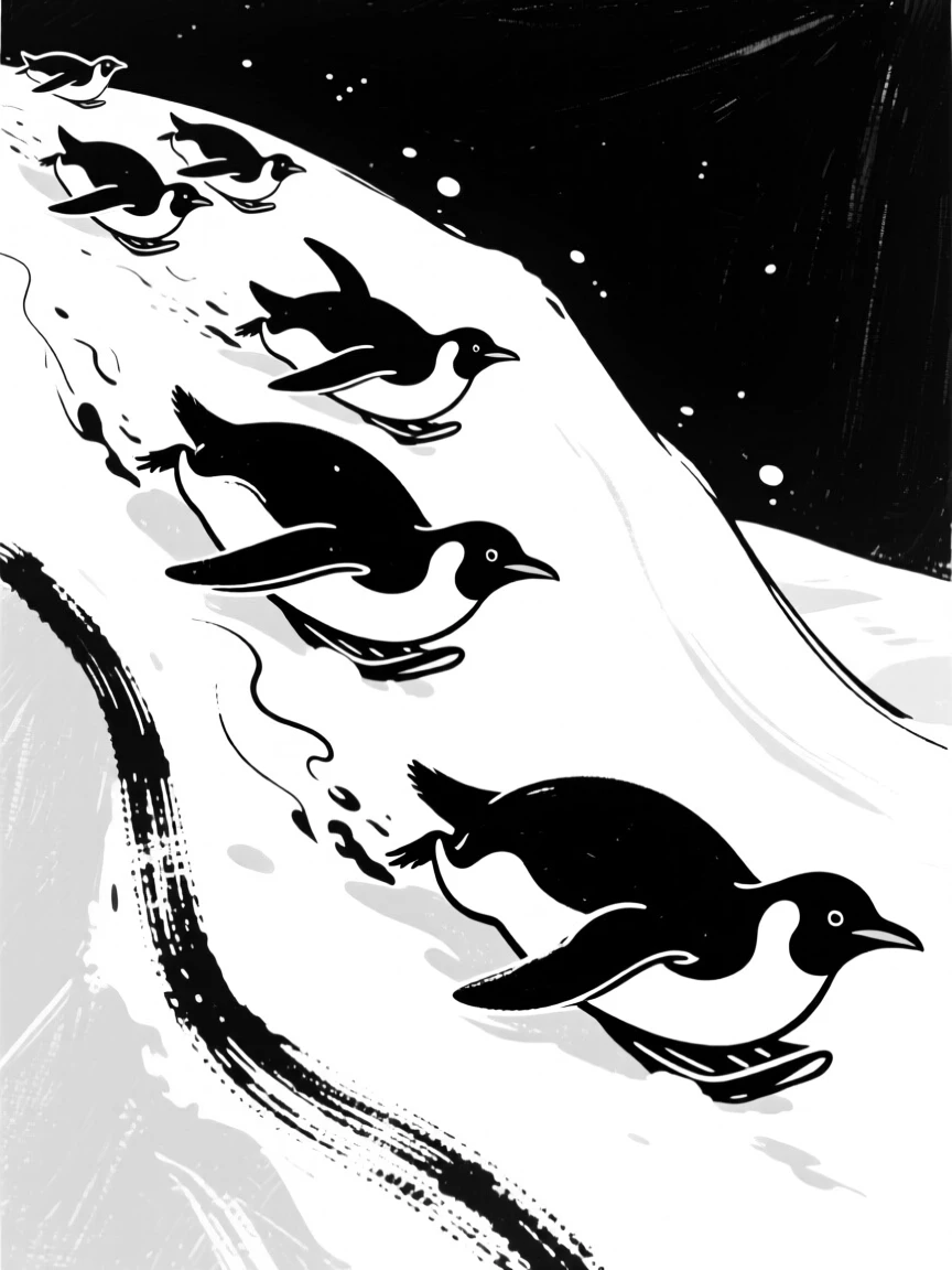 A group of penguins sliding down a snowy slope on their bellies.