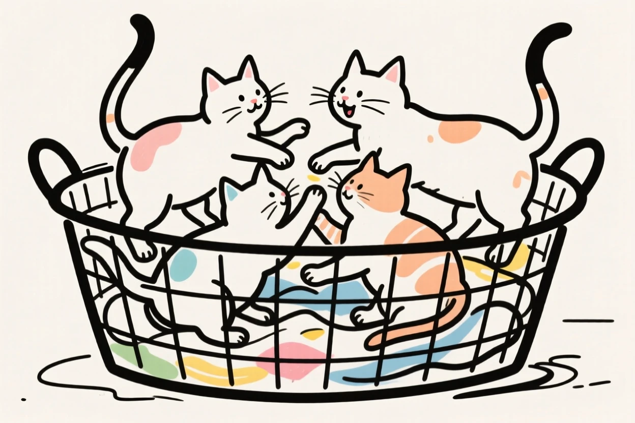 A litter of kittens playing together in a laundry basket.