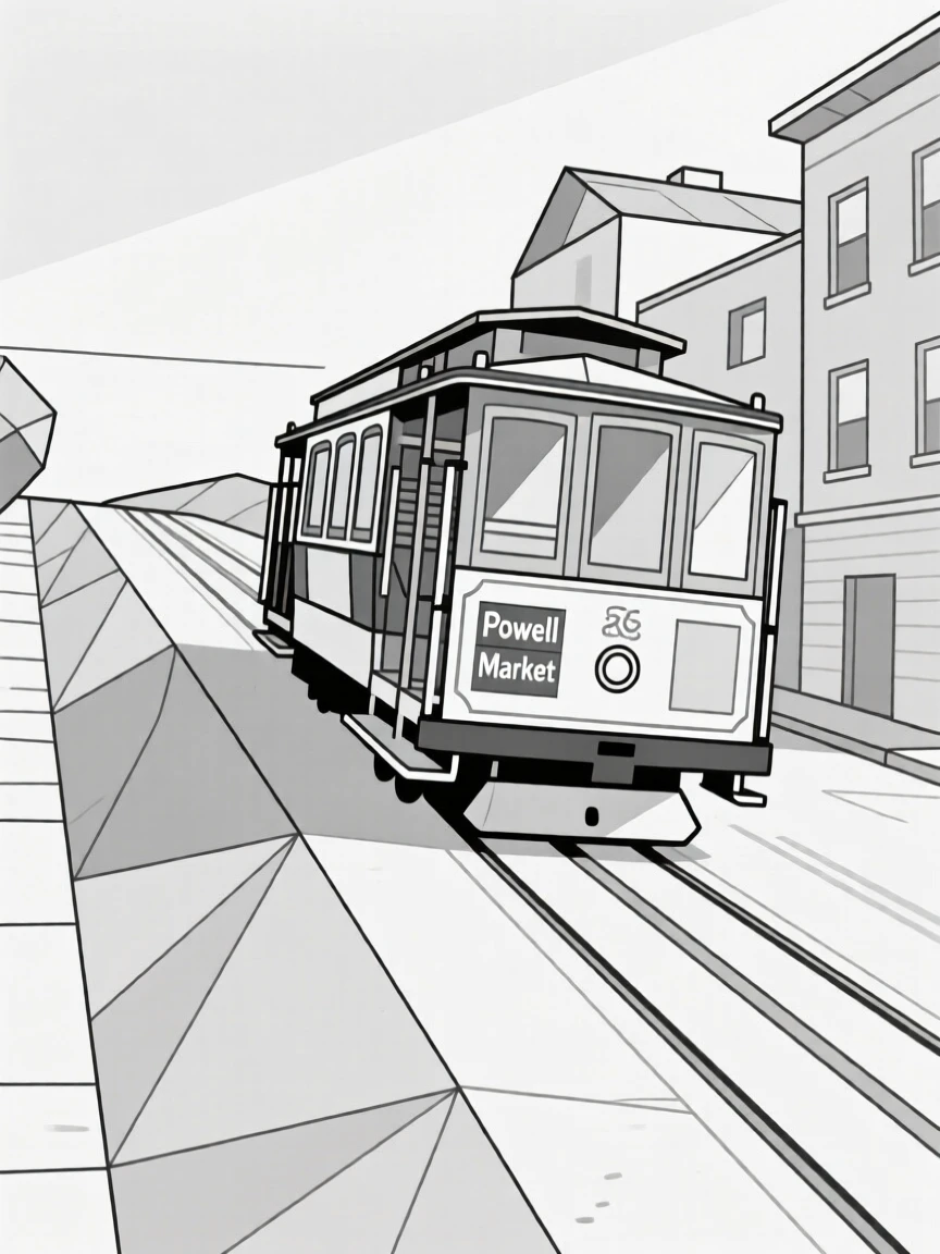 A San Francisco street with a cable car climbing a hill