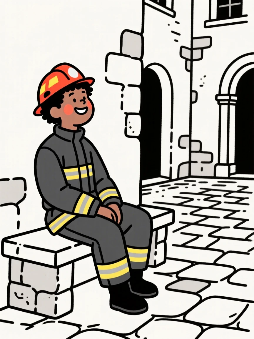 A firefighter of jamaican heritage resting after a shift, grinning mischievously, in an old stone courtyard.