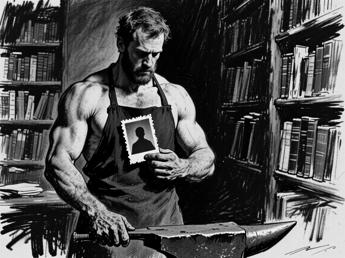A blacksmith holding a photograph of a departed loved one, in a quiet library.