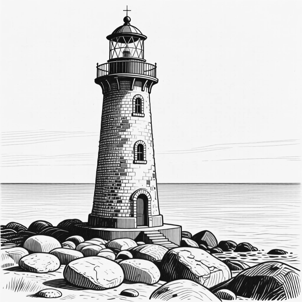 A solitary lighthouse at the edge of an endless horizon, with smooth stones worn by centuries of tide, evoking a peaceful and untouched atmosphere in a wide, balanced composition.