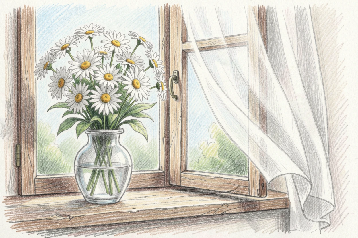 A vase of daisies sitting on a rustic windowsill, placed beside an open window with sheer curtains drifting, celebrating nature's delicate artistry.