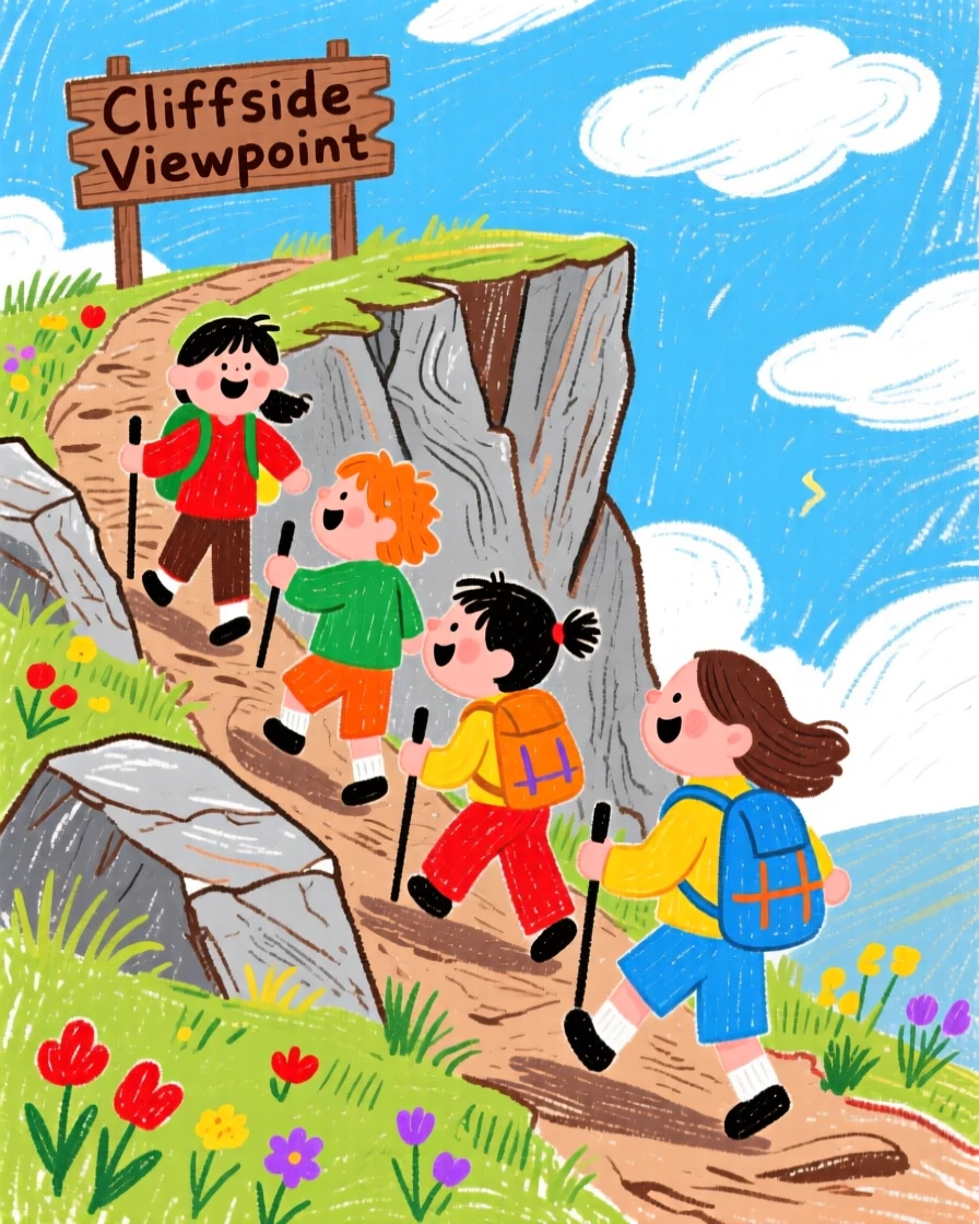 A group of campers climbing toward a dramatic cliffside viewpoint.