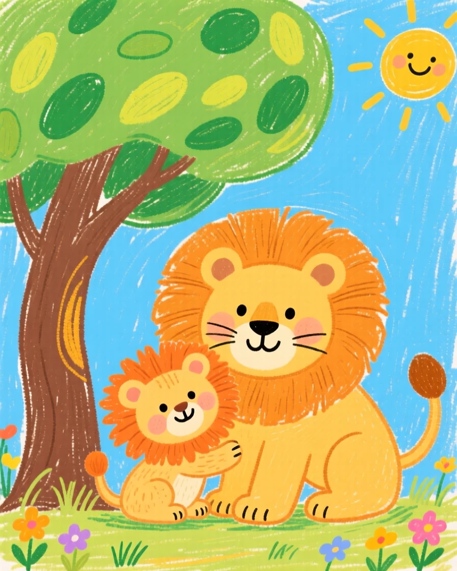 A fuzzy lion cub cuddled beside its mother under a shady tree.