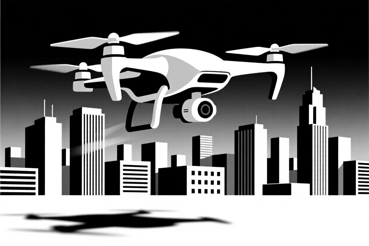 A drone capturing aerial footage over a city.