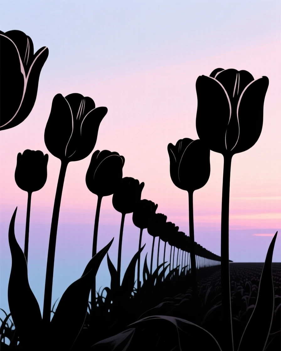 Rows of colorful tulips stretching to the horizon under a pastel sky.