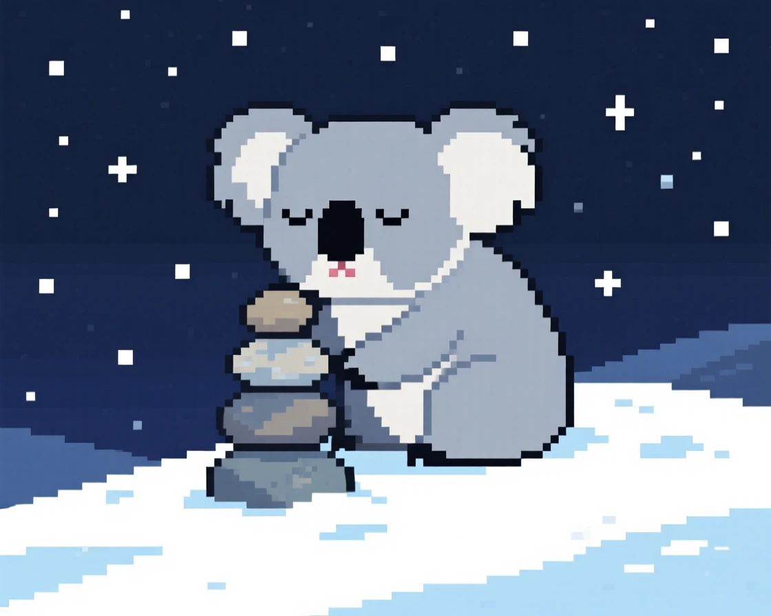 A sleepy koala stacking pebbles into a tiny tower, on a snowy hillside under the stars.