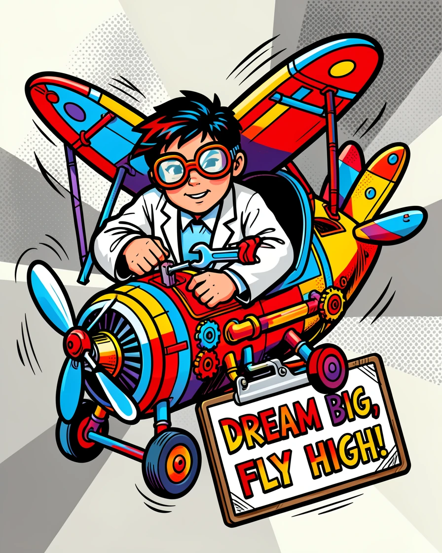 A young inventor tinkering with a whimsical flying machine