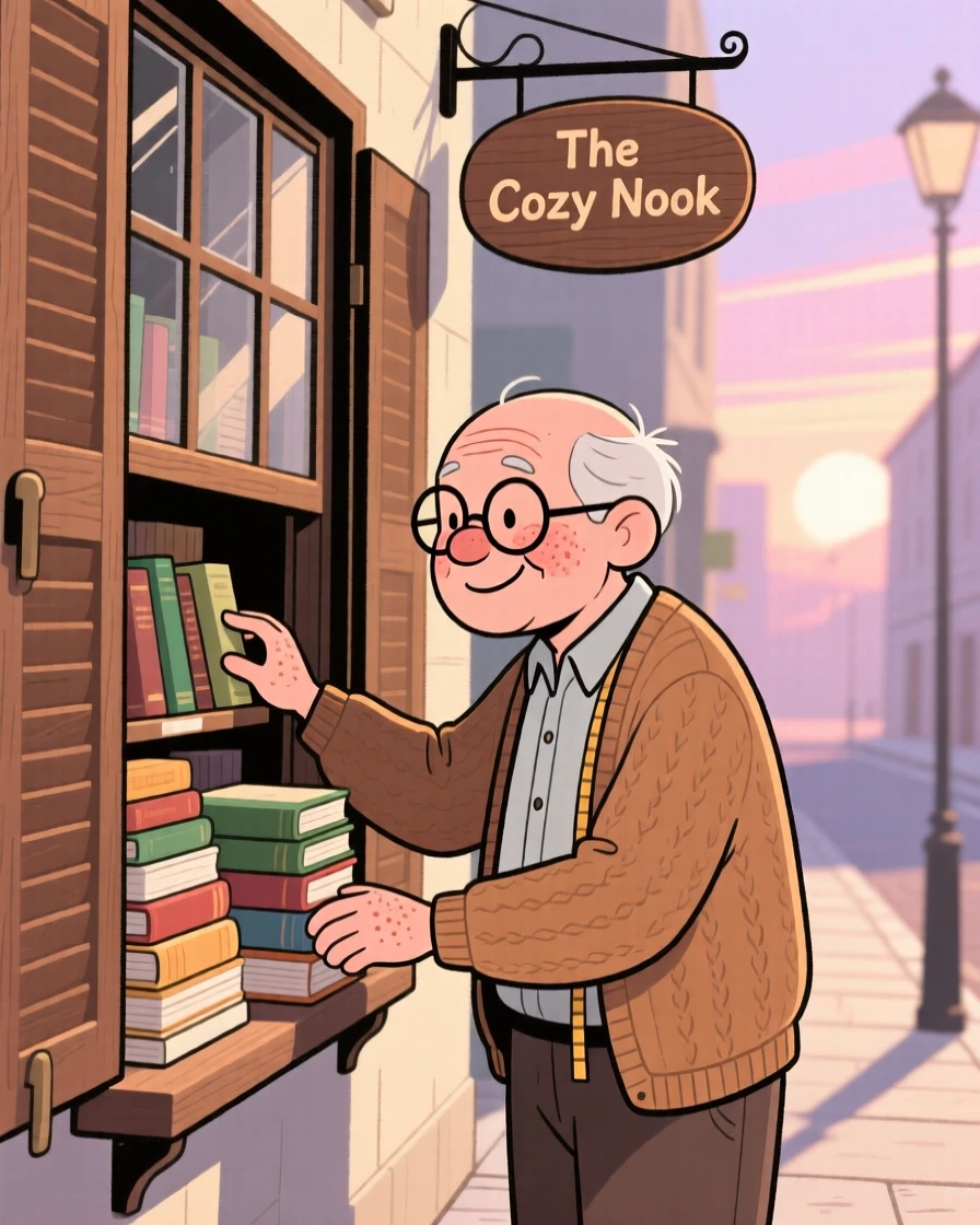 A elderly tailor opens the shutters of a small corner bookstore at dawn, arranging stacks of new books in the window as sunlight creeps across the sidewalk.