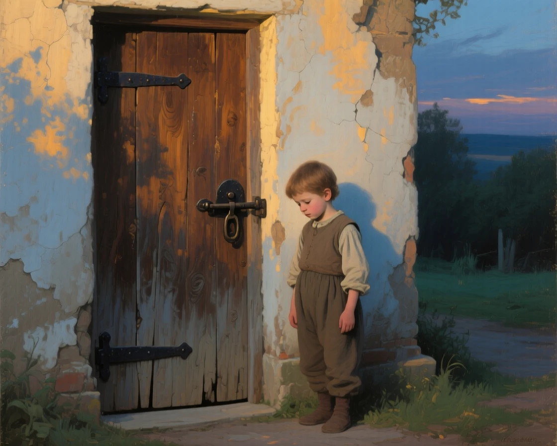 A medium shot of a small child beside a rustic wooden door, lost in thoughtful reflection, at twilight.