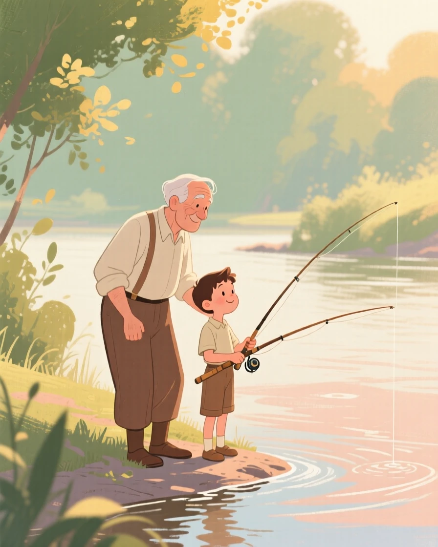 A young boy fishing beside his grandfather at a quiet riverbank