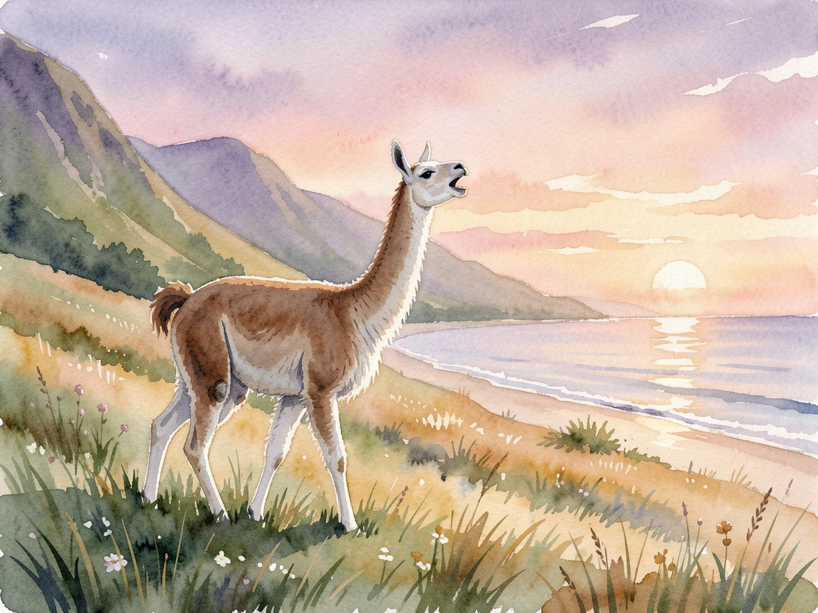 A llama in a mountain pasture on a quiet beach at sunset mid-yawn and stretching.