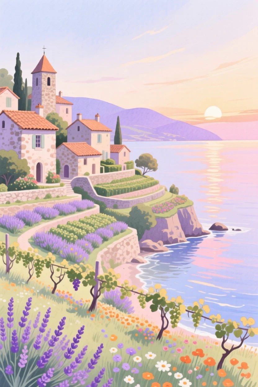 A picturesque view of a French countryside village with terraced gardens overlooking the sea, under a soft sunrise