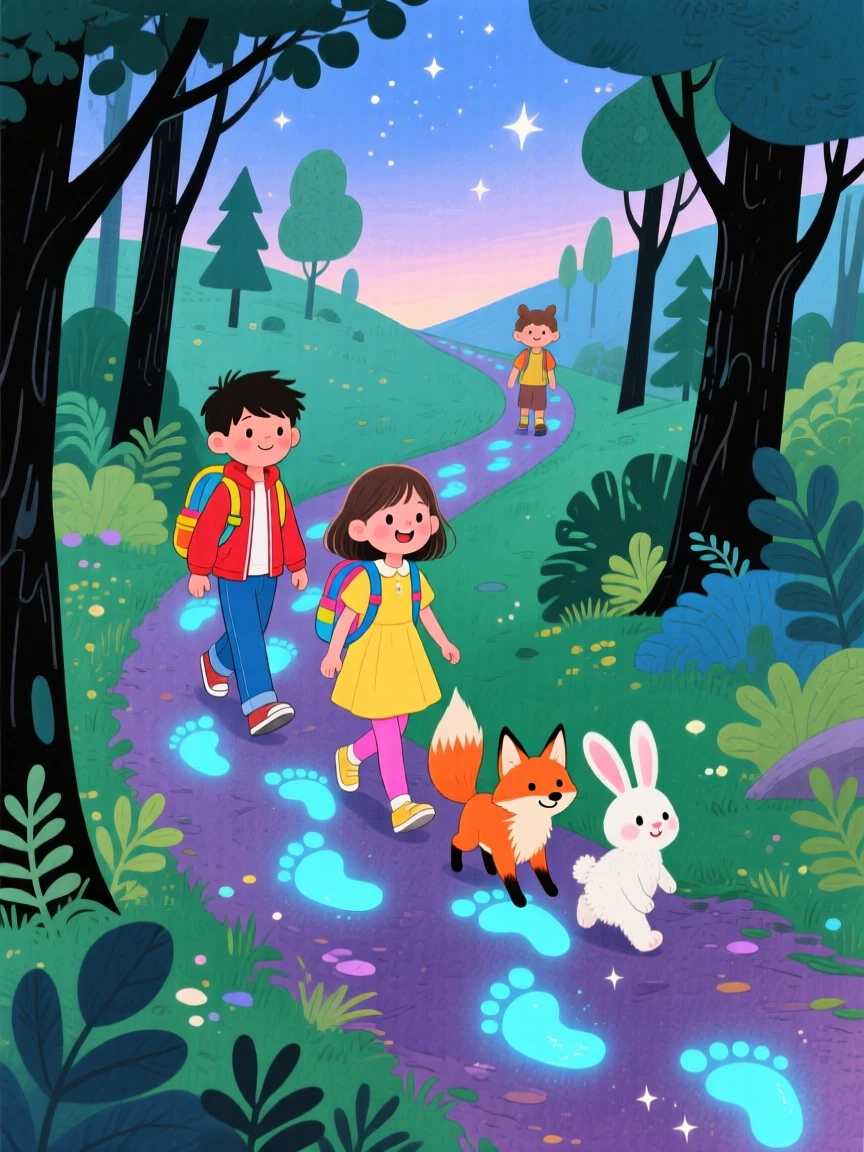 A group of friends following a trail of glowing footprints, full of mystery and excitement.