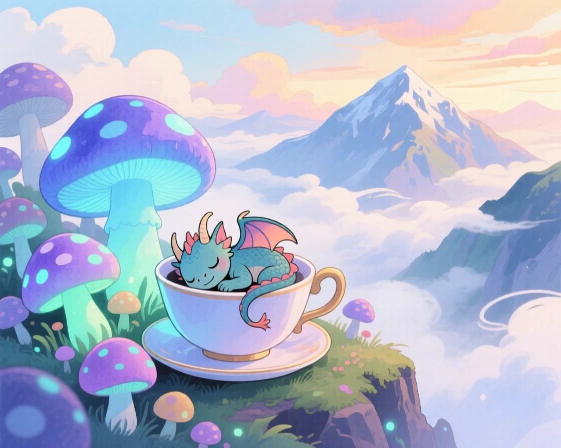 A tiny dragon curled asleep in a teacup napping among a cluster of giant glowing mushrooms, in a mystical mountain peak wrapped in clouds, filled with a sense of peaceful mysticism.