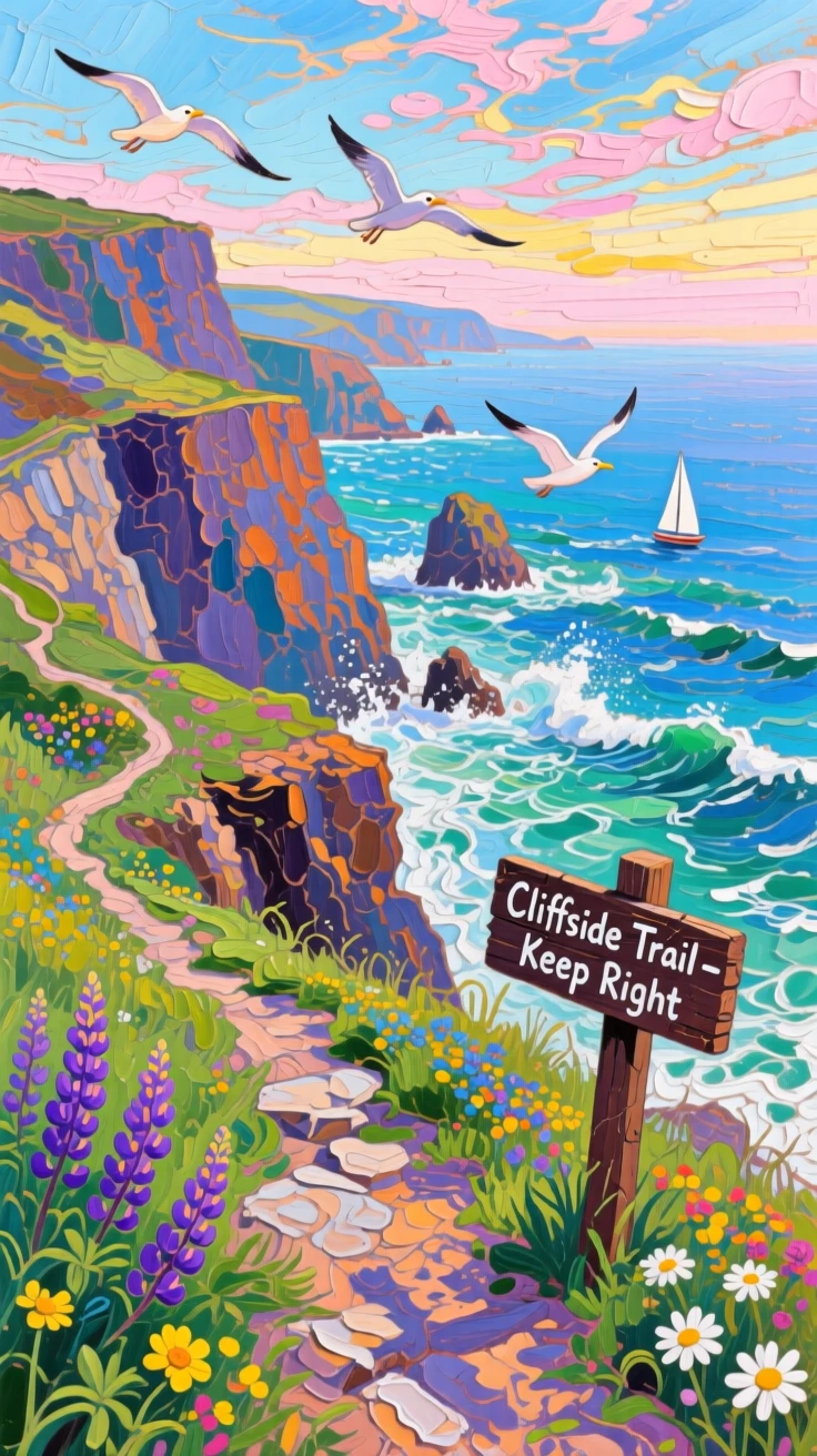 a cliffside path above a restless sea, on a breezy spring afternoon, with layered visual detail from foreground to horizon.