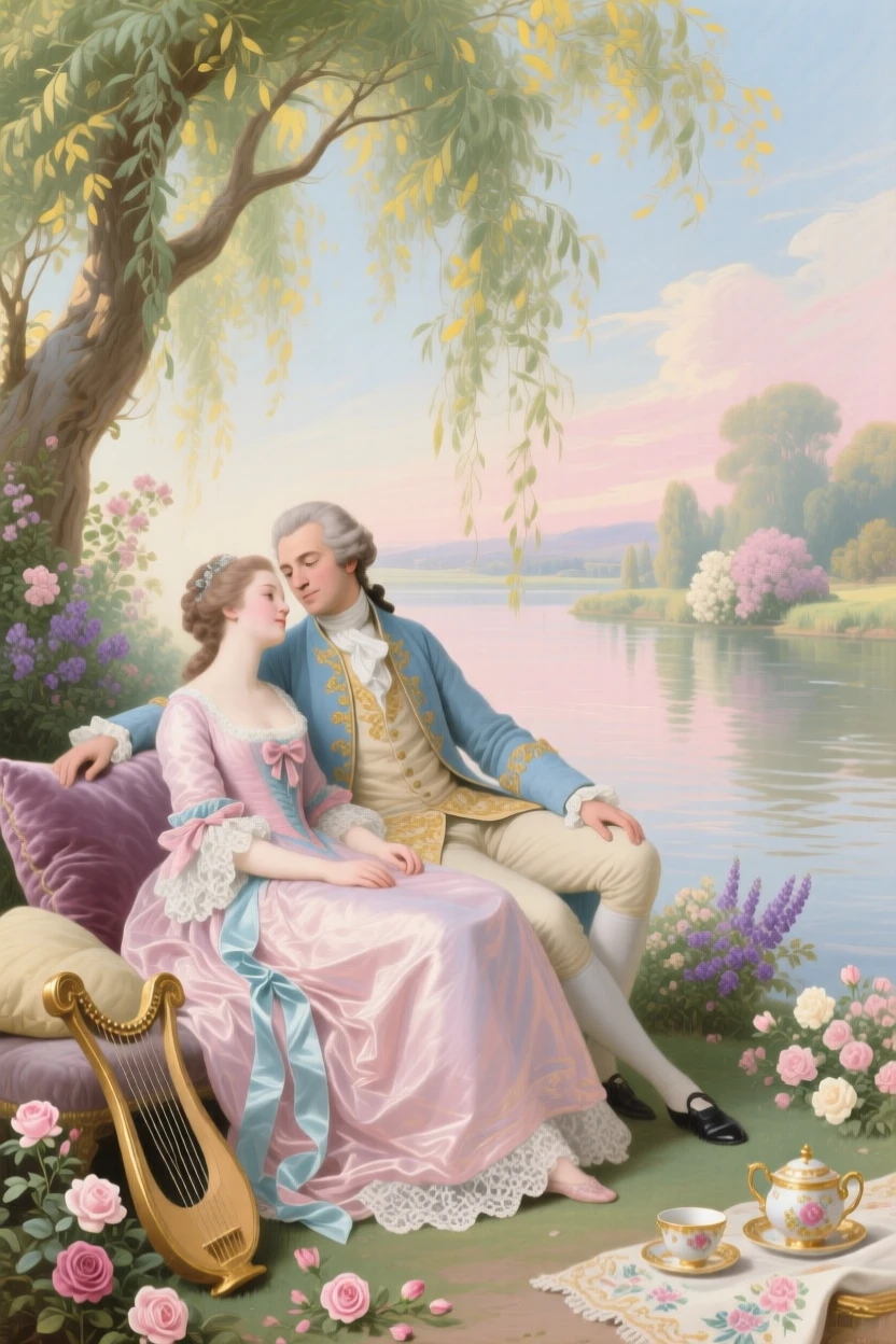 A noble couple seated beneath a willow tree beside a quiet river  