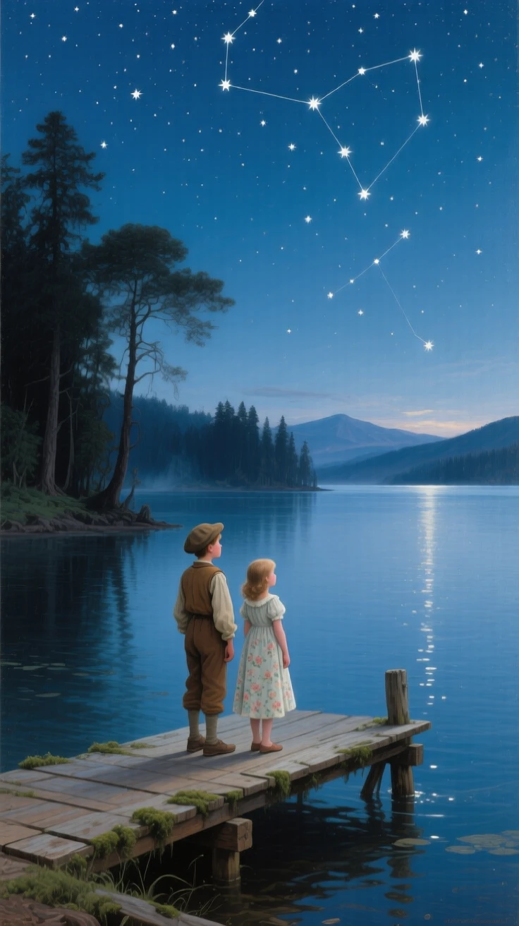 A pair of children waits along a pier stretching into calm waters beneath a canopy of stars.