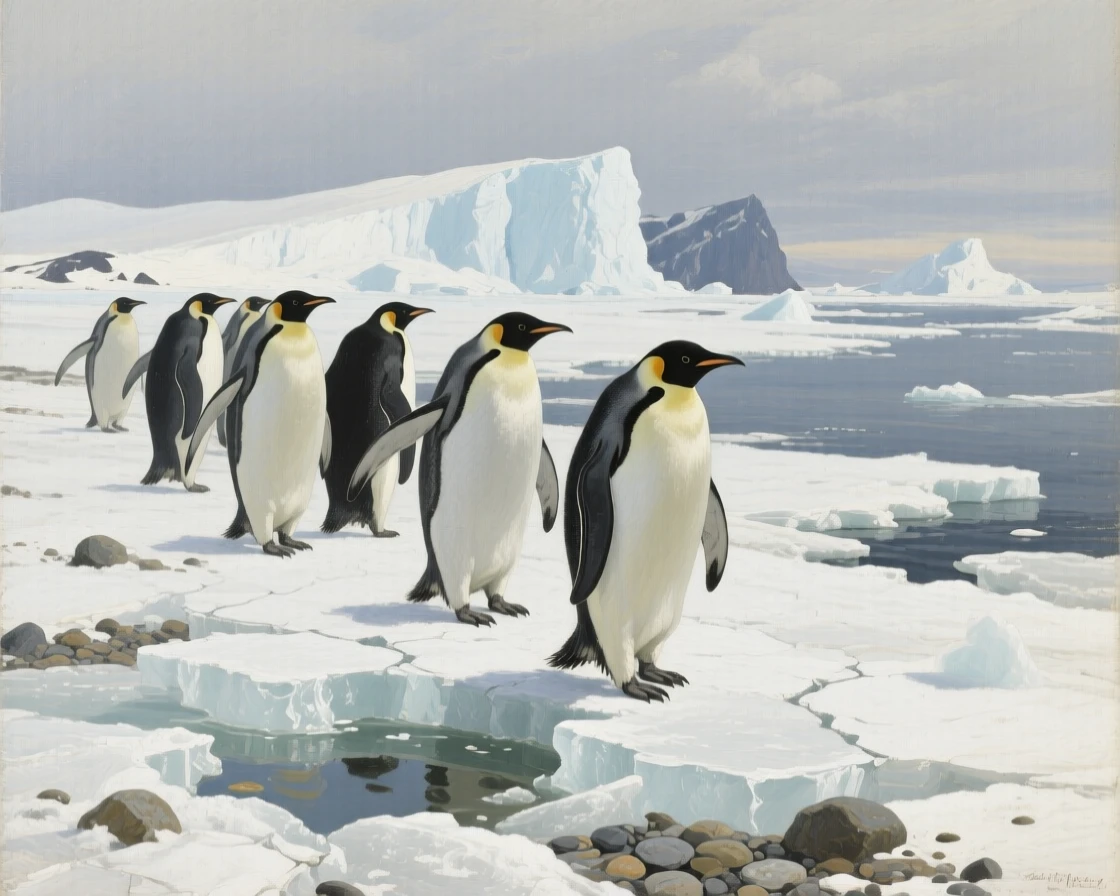 A group of penguins waddling across an icy Antarctic shoreline, its eyes sharp and fully alert to the surroundings, offering a striking, emotionally resonant wildlife portrait