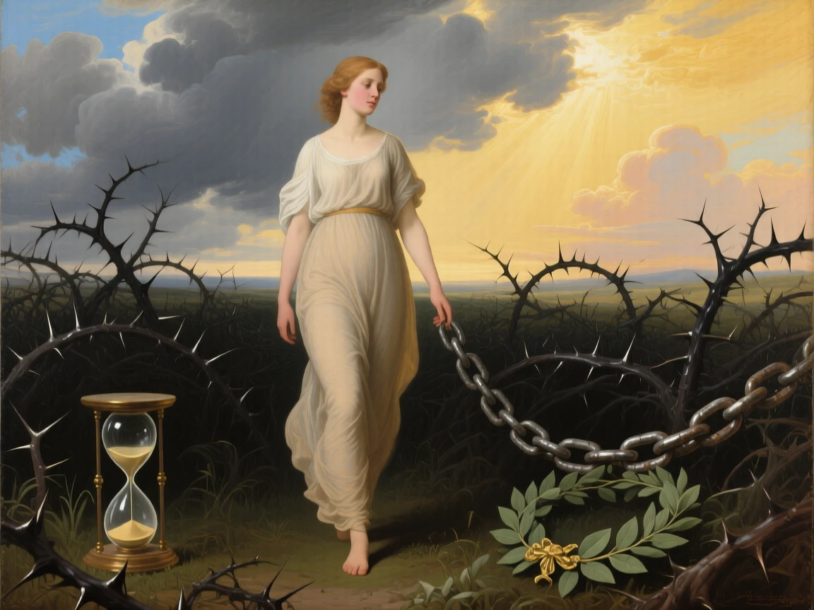 The allegory of Innocence walking untouched through a field of thorns as light and shadow embody opposing truths, set beneath a sky divided between storm and radiant light, with symbolic objects such as a broken chain, an hourglass, or a laurel wreath placed with quiet intention; the composition balances opposing symbolic elements on either side of the central figure, suggesting hope, transformation, and the endurance of the human spirit.