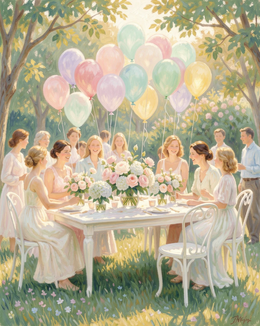 A joyful baby shower gathering in a garden decorated with pastel balloons and floral centerpieces.