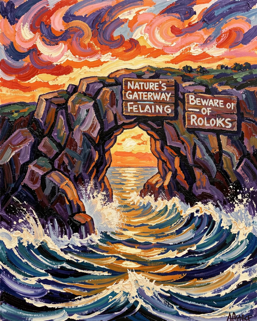 A dramatic coastal arch carved by centuries of pounding waves at sunset.