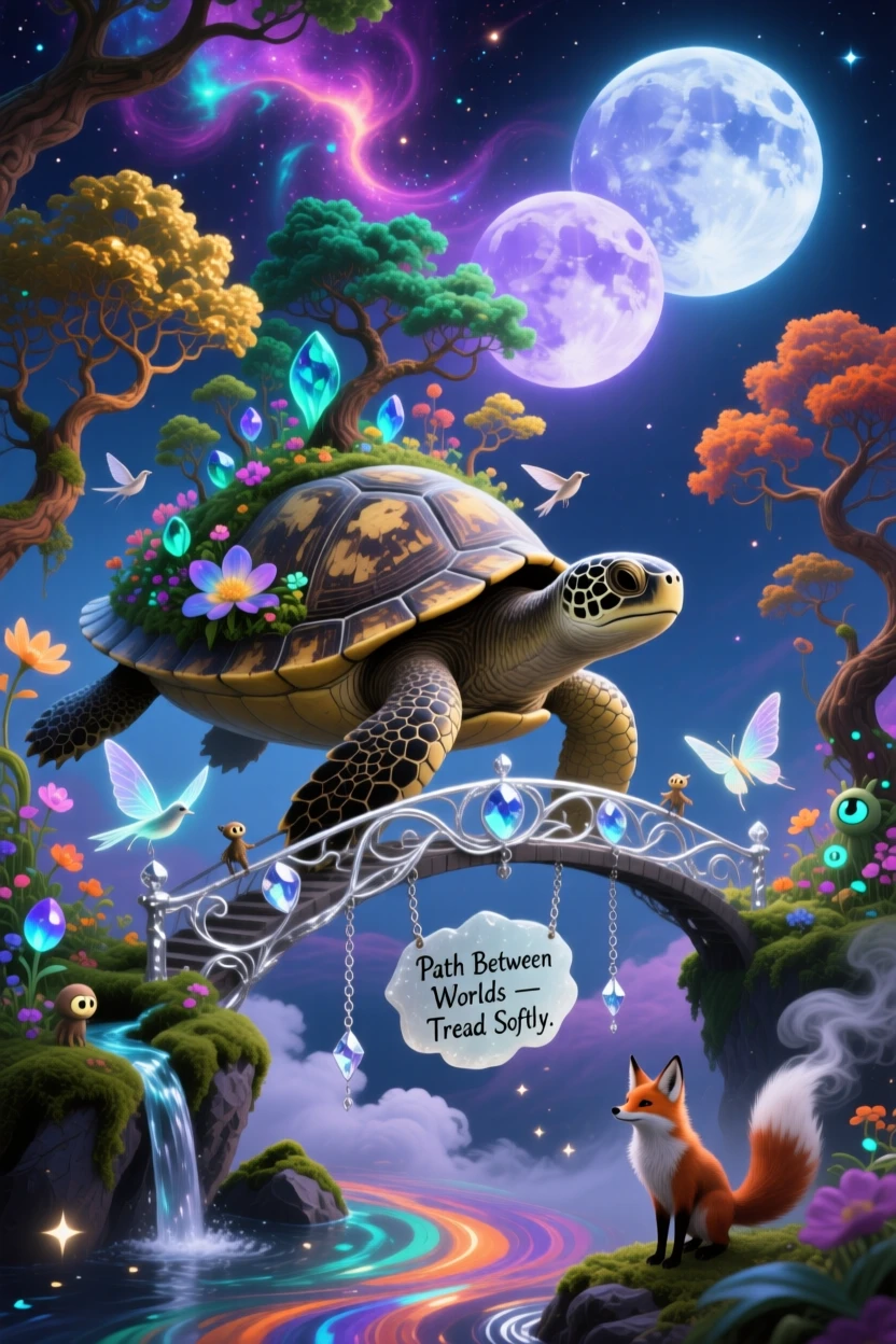 A turtle carrying an entire miniature forest on its shell walks across a bridge suspended between two moons, as small creatures gather quietly to watch it pass.