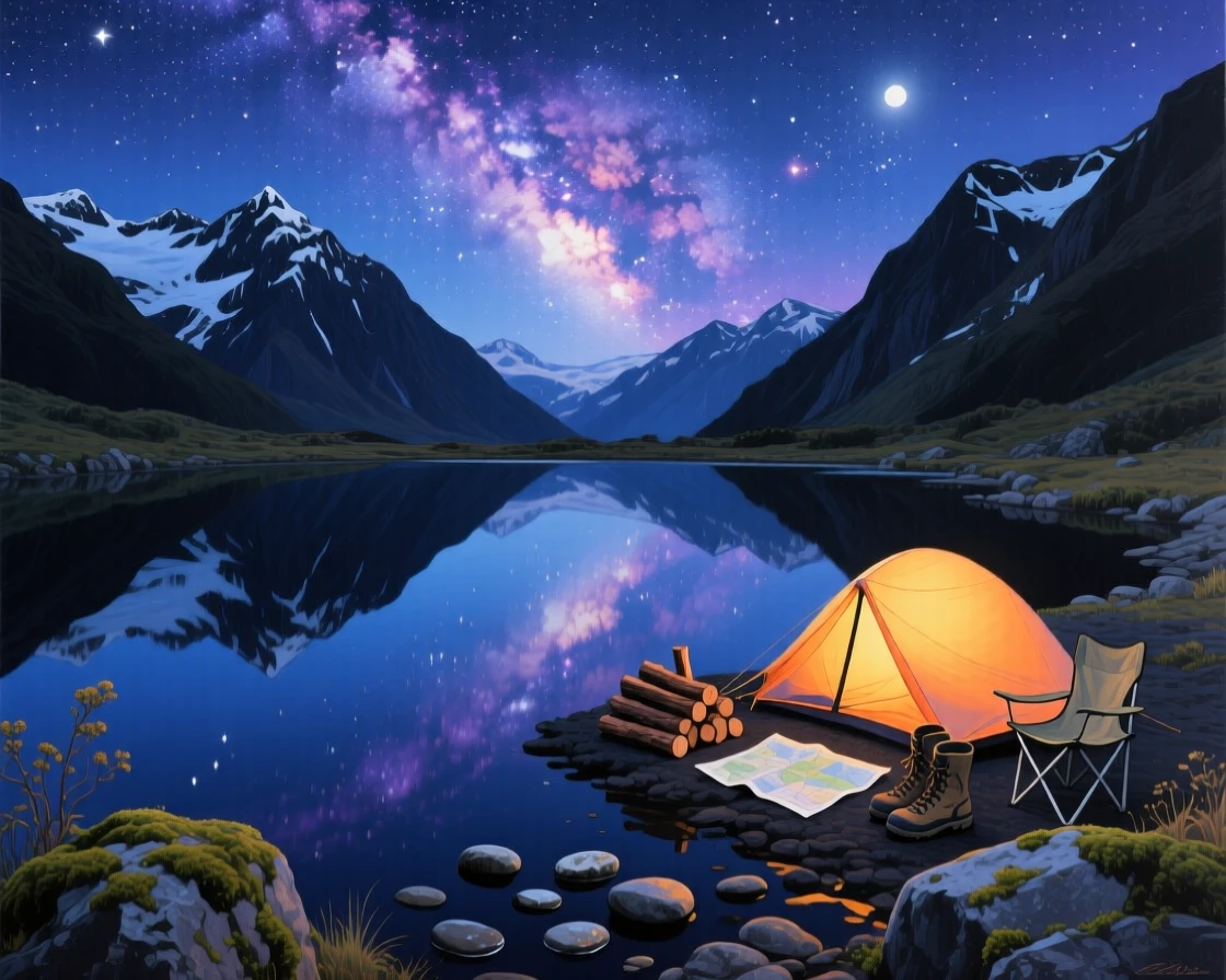 A serene alpine tarn in New Zealand's Southern Alps reflects the Milky Way perfectly on its glassy surface, a single tent glowing softly on the rocky shore, a sense of vast scale emphasized by tiny details that anchor the eye at the edges of the frame.
