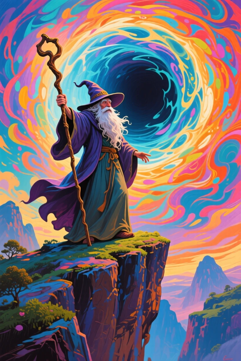 A wise old wizard standing atop a cliff, staff raised as a swirling portal opens before him
