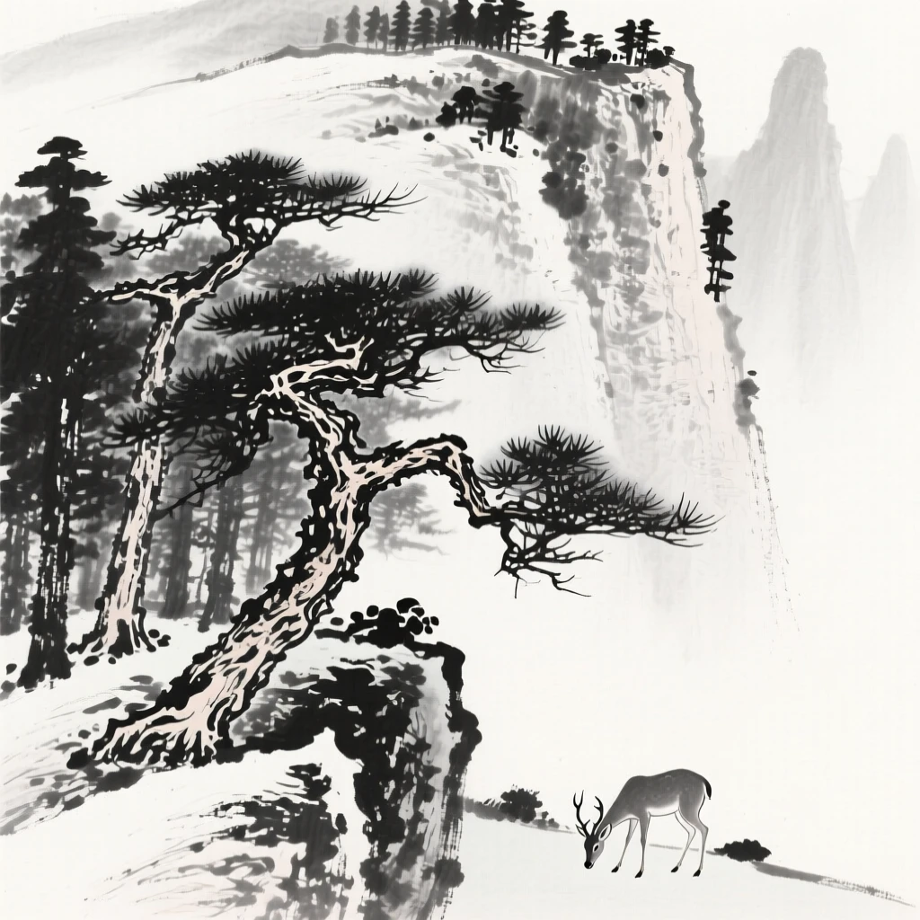 an ancient pine forest clinging to a mountainside, with a deer grazing quietly at the forest edge.