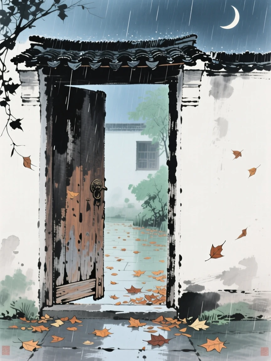 An old wooden door left ajar onto a courtyard of fallen leaves, imbued with timeless calm, in a gentle drizzle, beneath a crescent moon.