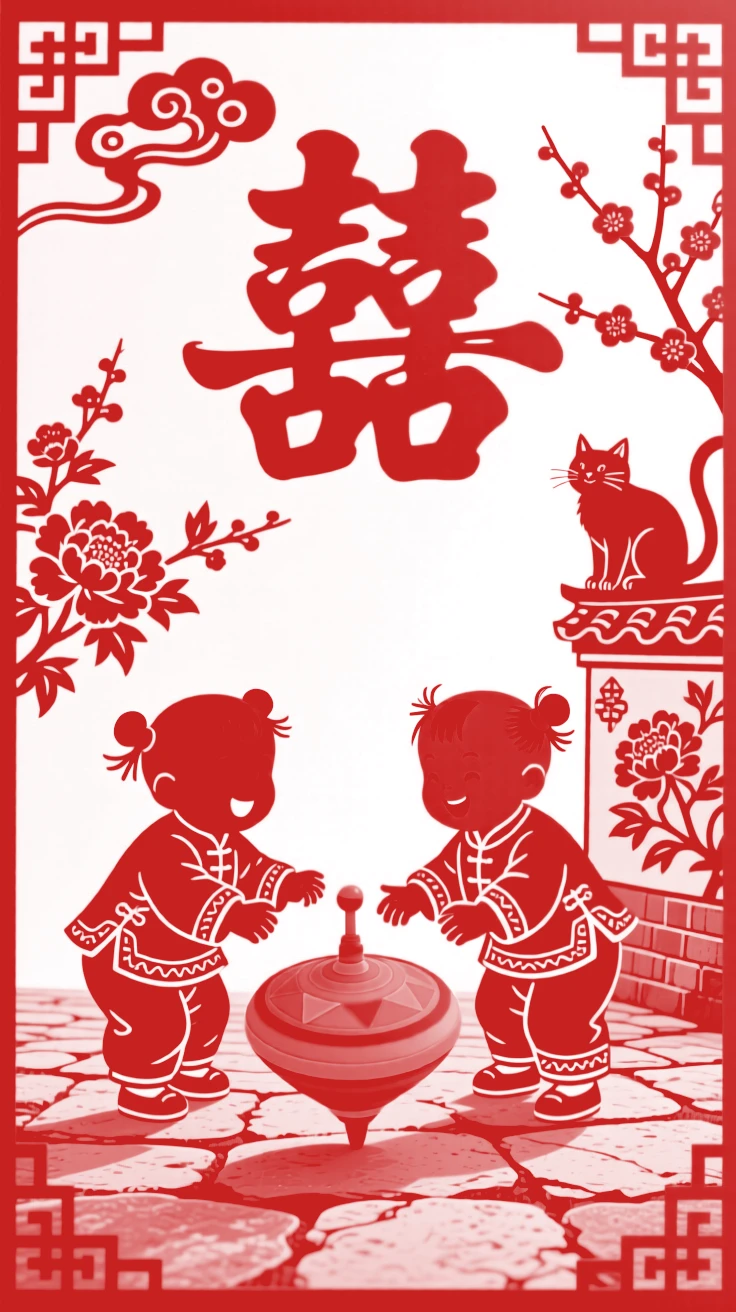 Twin toddlers, spinning a colorful top on a stone floor, a cat watching curiously from a garden wall.