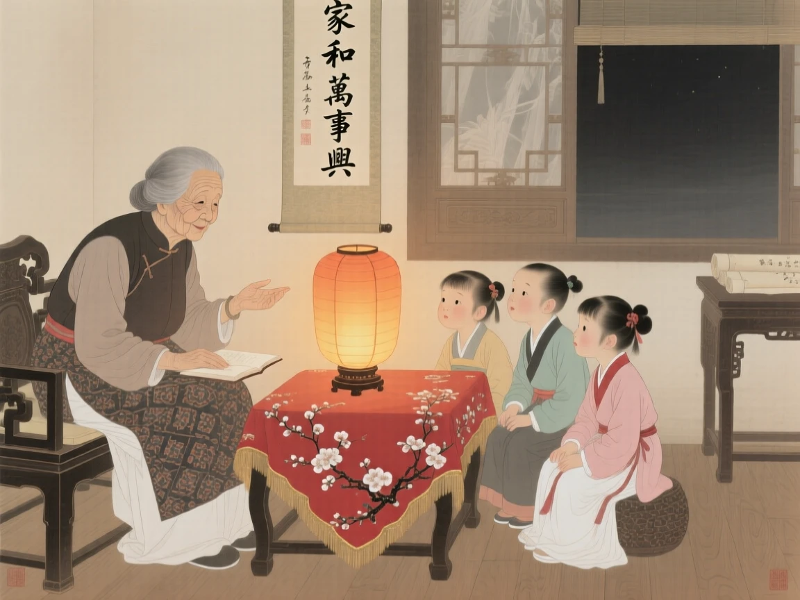 A grandmother telling stories to her grandchildren beside a warm lantern