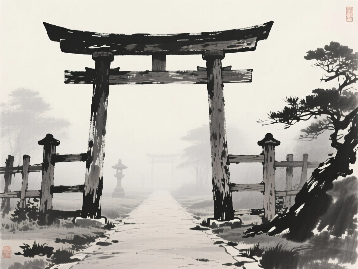 A weathered wooden temple gate wrapped in early morning fog, framed symmetrically along a central path, capturing a serene blend of nature and human presence.