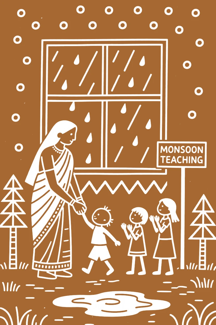 A widow and her grandchildren teaching a child to walk by a window during the monsoon.