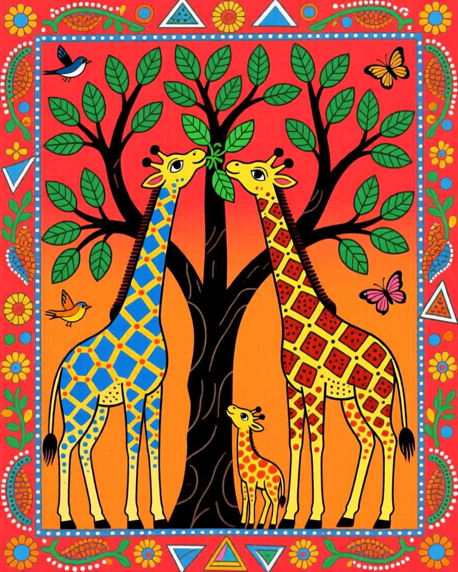 A giraffe family reaching for leaves atop a wide acacia tree.