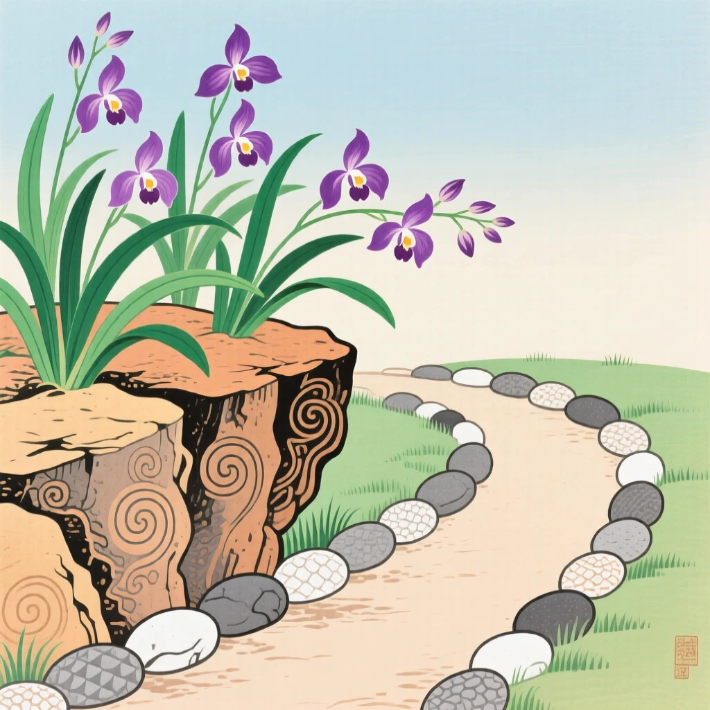 Wild orchids growing on a rock ledge along a garden path lined with stones.