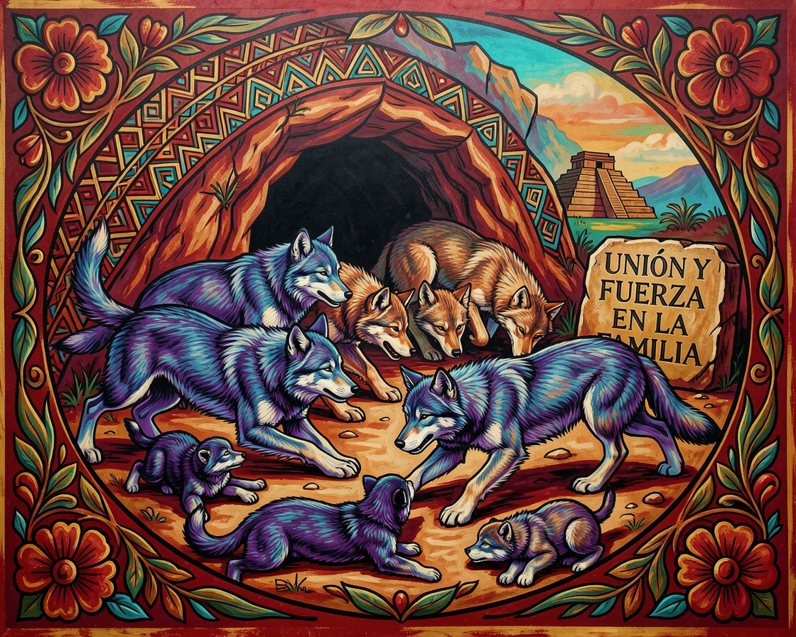 A litter of wolf pups playing outside their den