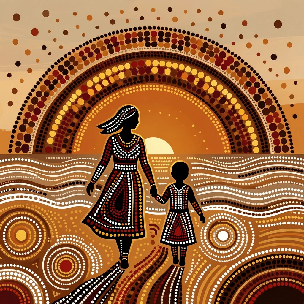 A mother and child walking along a beach at sunset