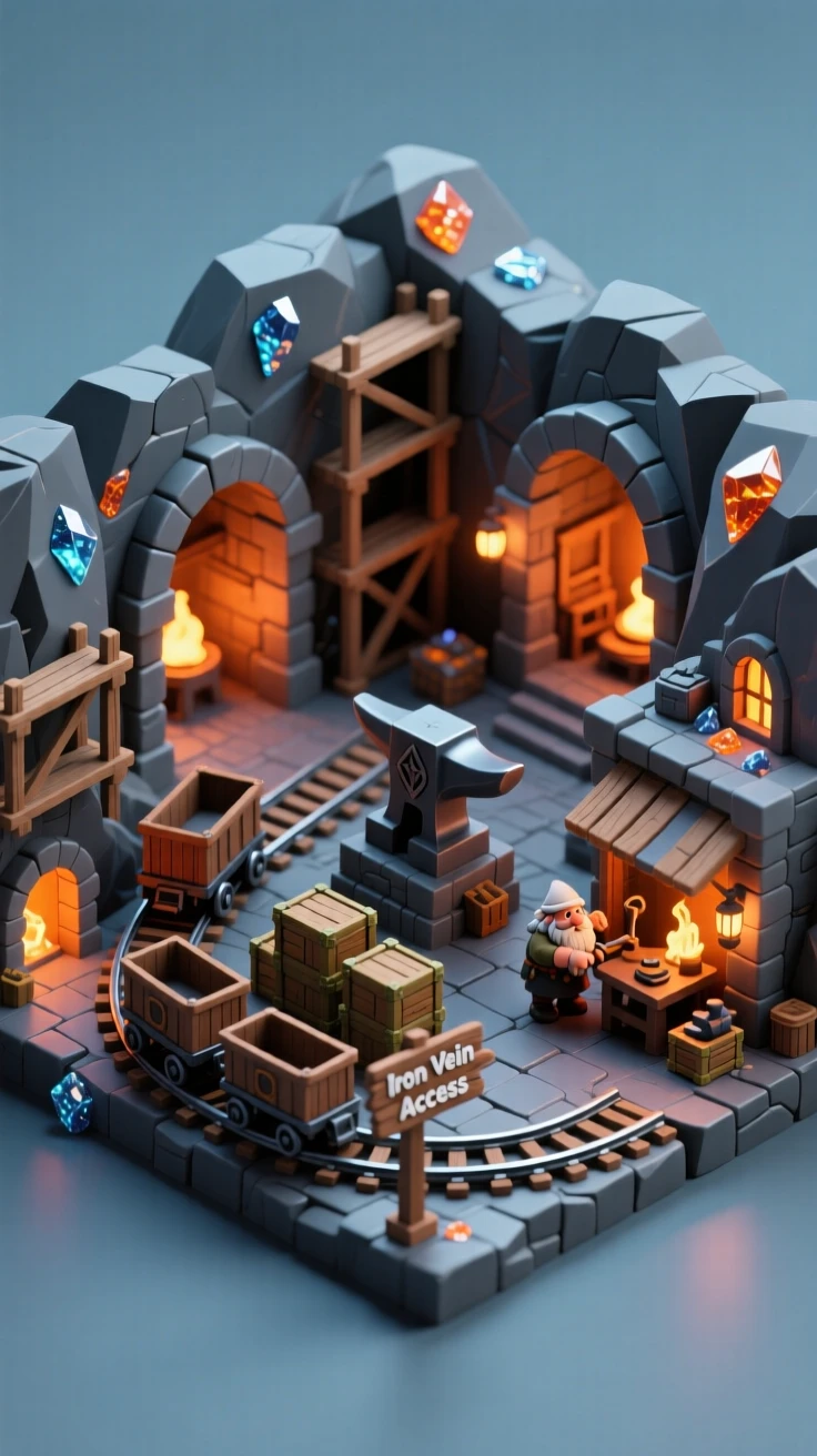 A subterranean dwarven city carved into a mountain, with forges glowing orange, mine carts running on tracks, and glittering veins of ore embedded in the walls.