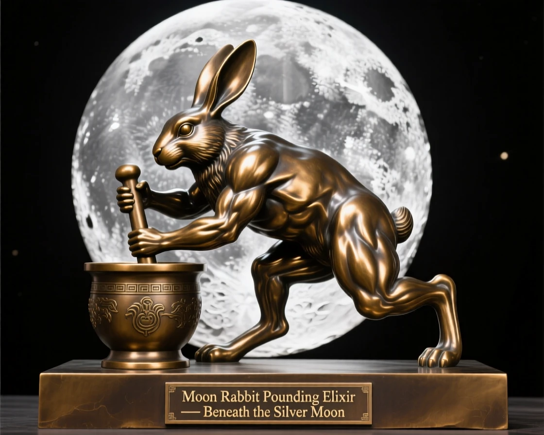 A moon rabbit pounding elixir beneath a silver moon, captured in a powerful, dynamic pose, radiating awe and grandeur