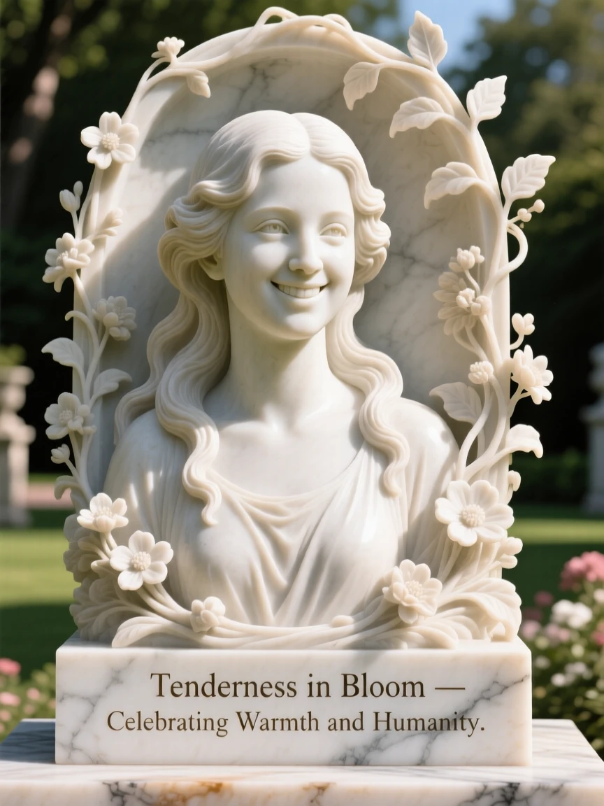 A tender portrait of a young woman, smiling warmly at the viewer, in a sunlit garden, evoking warmth and humanity