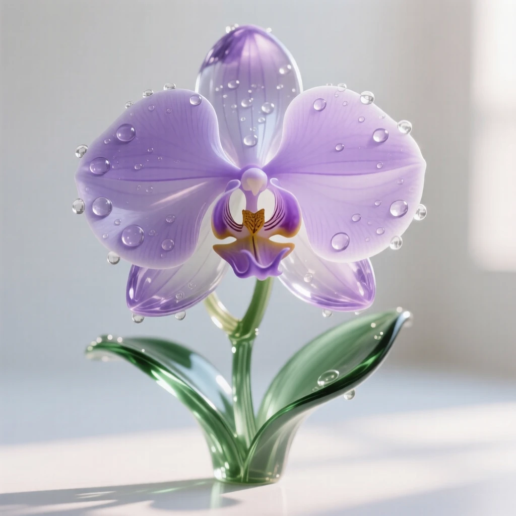 An orchid with delicate purple petals, backlit by soft morning sunlight, dew drops clinging to the petals, composition centered and intimate, evoking freshness and calm.