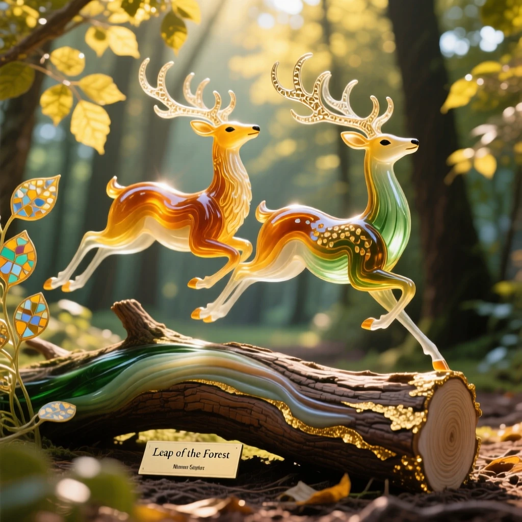 A pair of deer leaping over a fallen log in a sunlit forest, graceful and alive.
