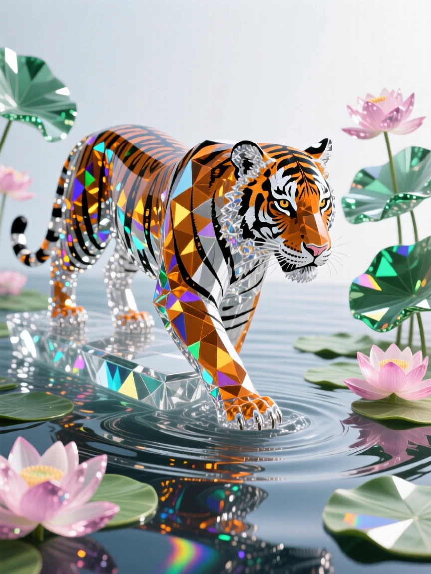 A tiger wading through a lotus-covered river, reflection rippling beneath it.
