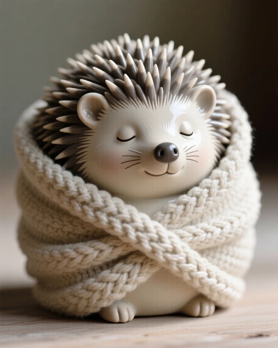 A round baby hedgehog wrapped in a tiny blanket frozen in a moment of pure innocent charm, surrounded by soft, cozy textures, conveying gentle warmth perfect for any family space.